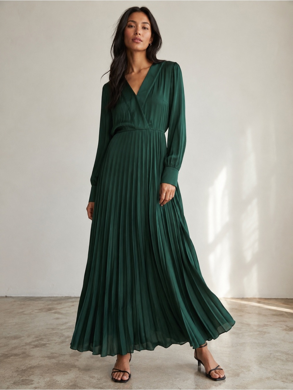 Scotch & Soda Forest Green Long Sleeve Pleated Maxi Dress V neck Wrap Style XS